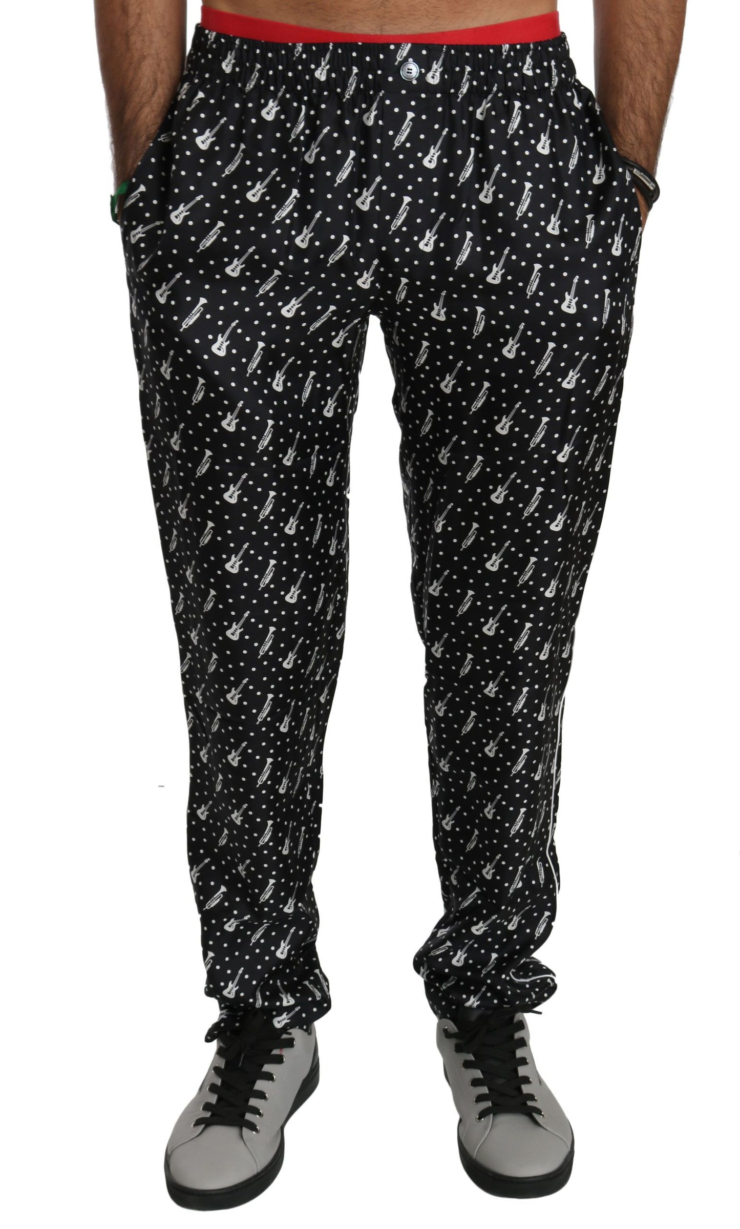 Dolce & Gabbana Elegant Black Musical Instrument Print Silk Pants