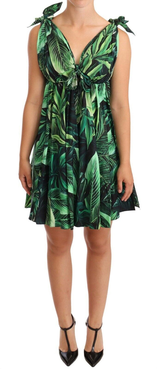 Dolce & Gabbana Elegant Flared Mini A-Line Dress in Green Leaf Print