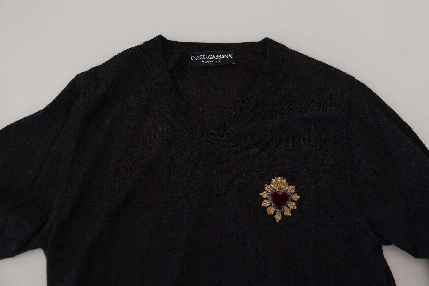 Dolce & Gabbana V-Neck Cashmere Sweater with Heart Embroidery