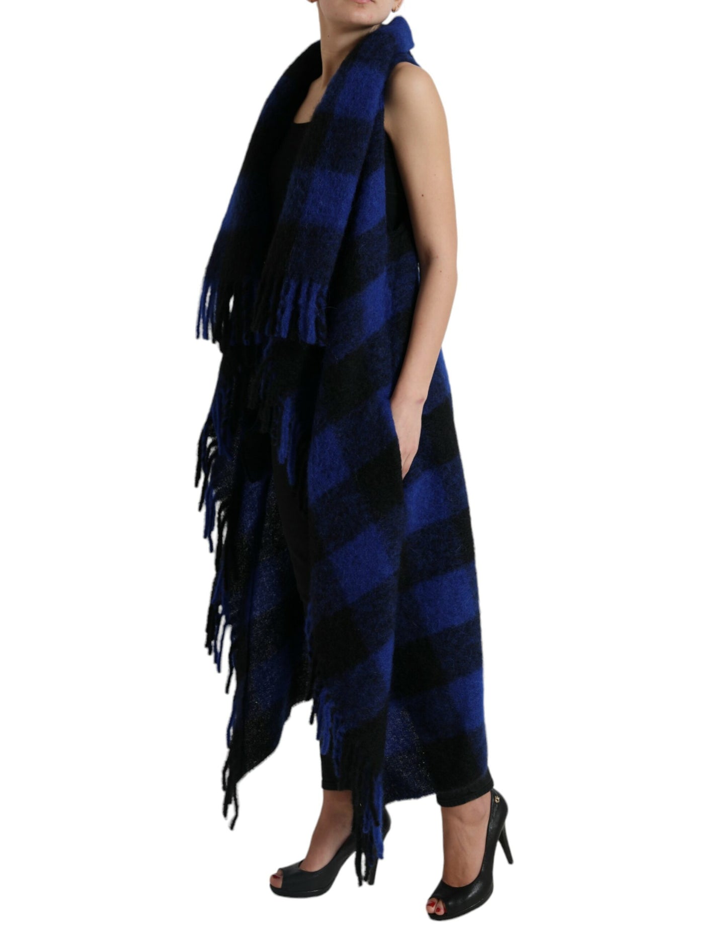 Dolce & Gabbana Elegant Checkered Fringe Poncho Cardigan