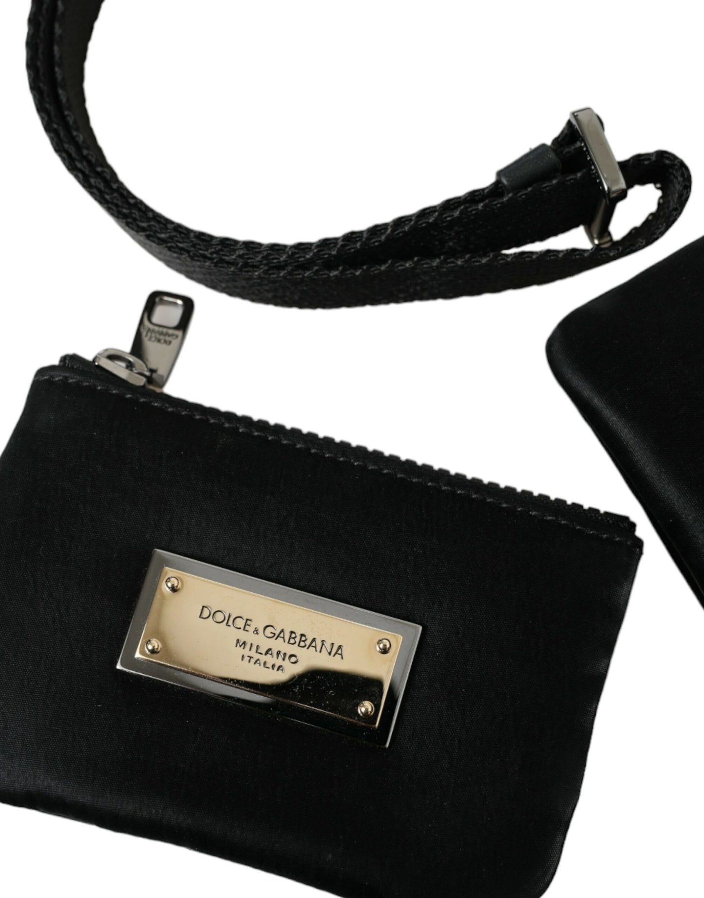 Dolce & Gabbana Elegant Black Nylon Leather Pouch with Silver Details