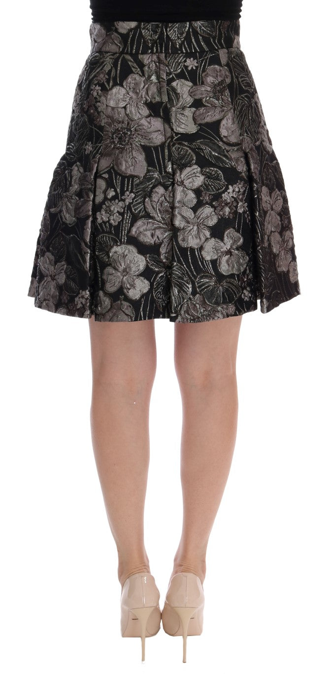 Dolce & Gabbana Elegant Black Silver-Floral Straight Skirt