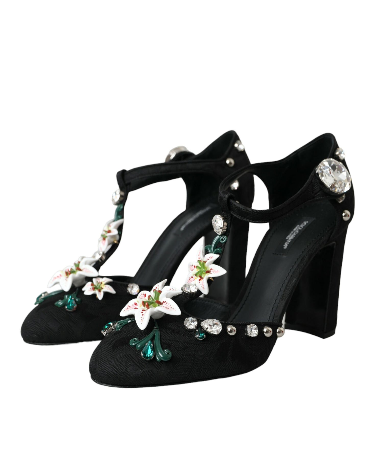 Dolce & Gabbana Black Lilies Crystal Heels Pumps Shoes