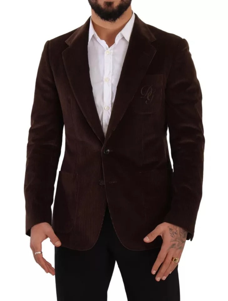 Dolce & Gabbana Brown Corduroy Slim Fit Coat DG Logo Blazer