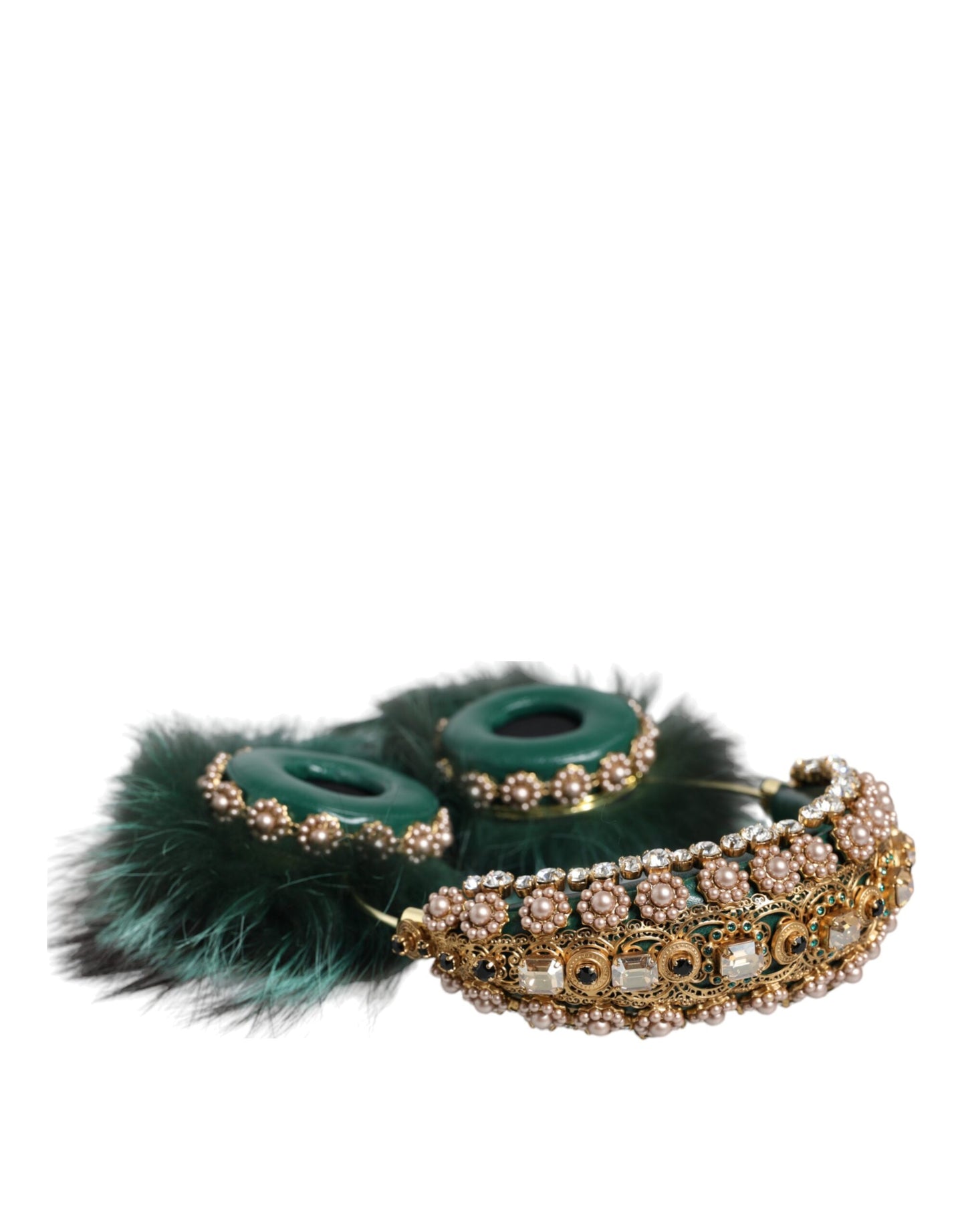 Dolce & Gabbana Green Gold Crystal Fur Headset Audio AUX Headphones