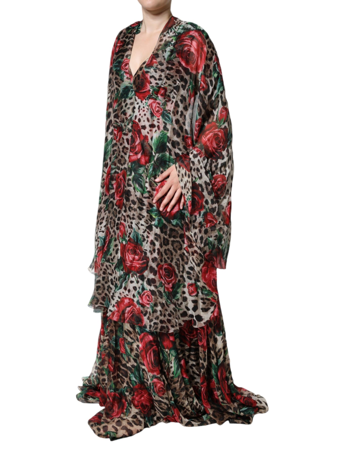 Dolce & Gabbana Brown Leopard Red Roses Silk Long Gown Dress