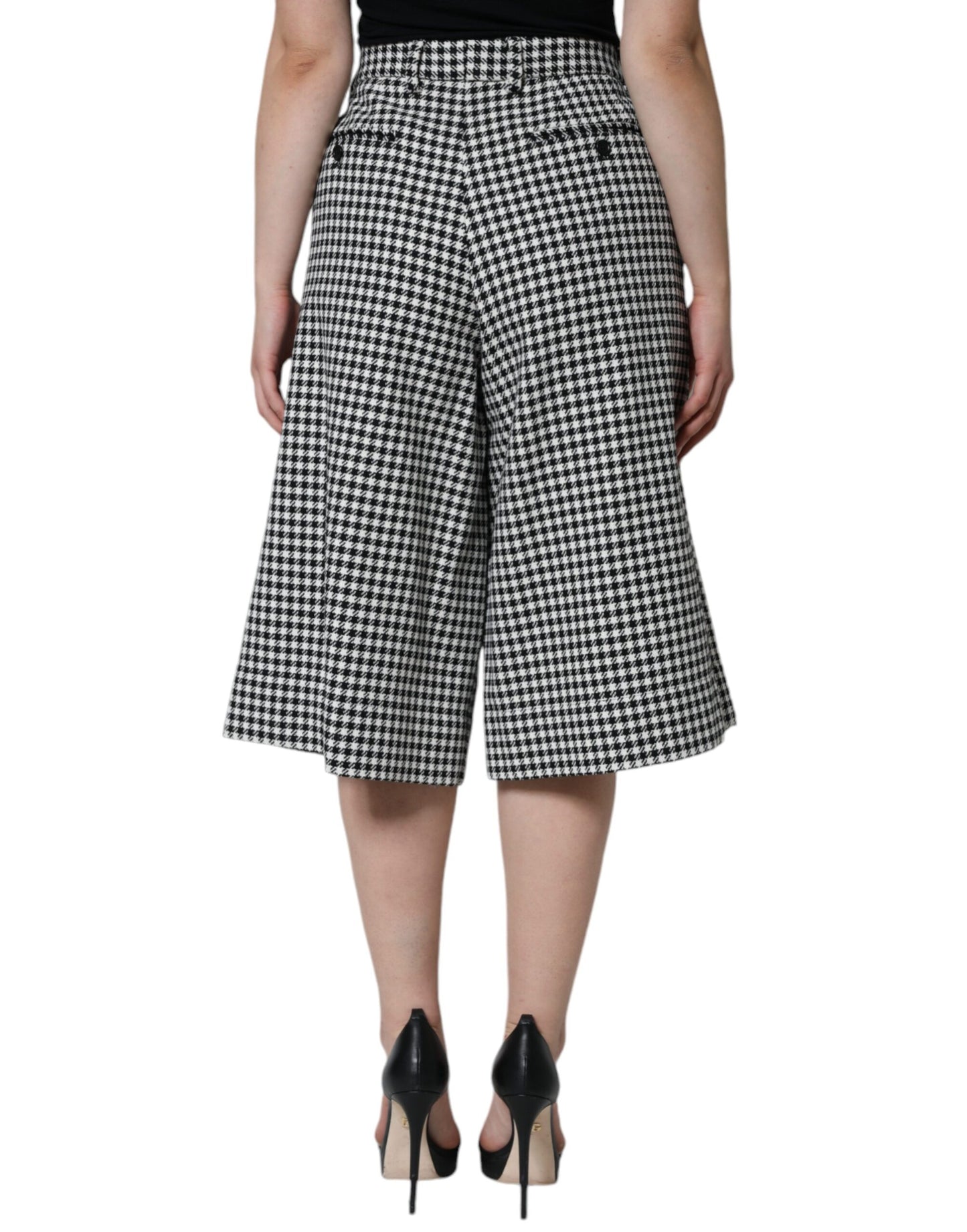 Dolce & Gabbana Black White Houndstooth Cropped Wide Leg Pants