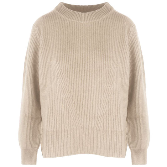 Malo Beige Cashmere Women Sweater with Ribbed Embroidery