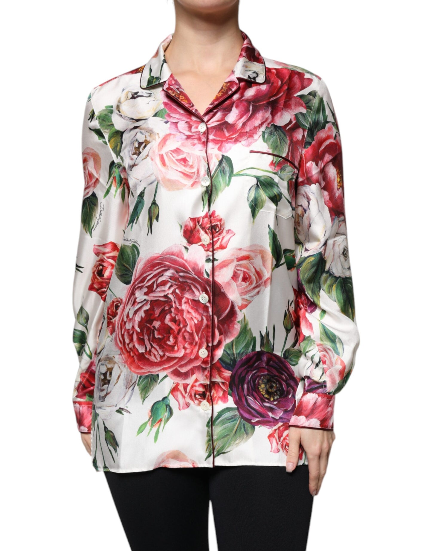 Dolce & Gabbana White Peony Silk Long Sleeves Collared Blouse Top