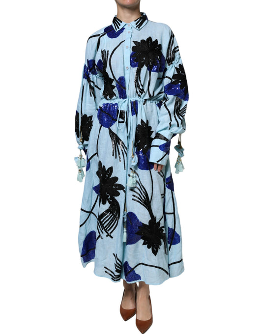 Christian Pellizzari Light Blue Floral Embellished Shirt Maxi Dress