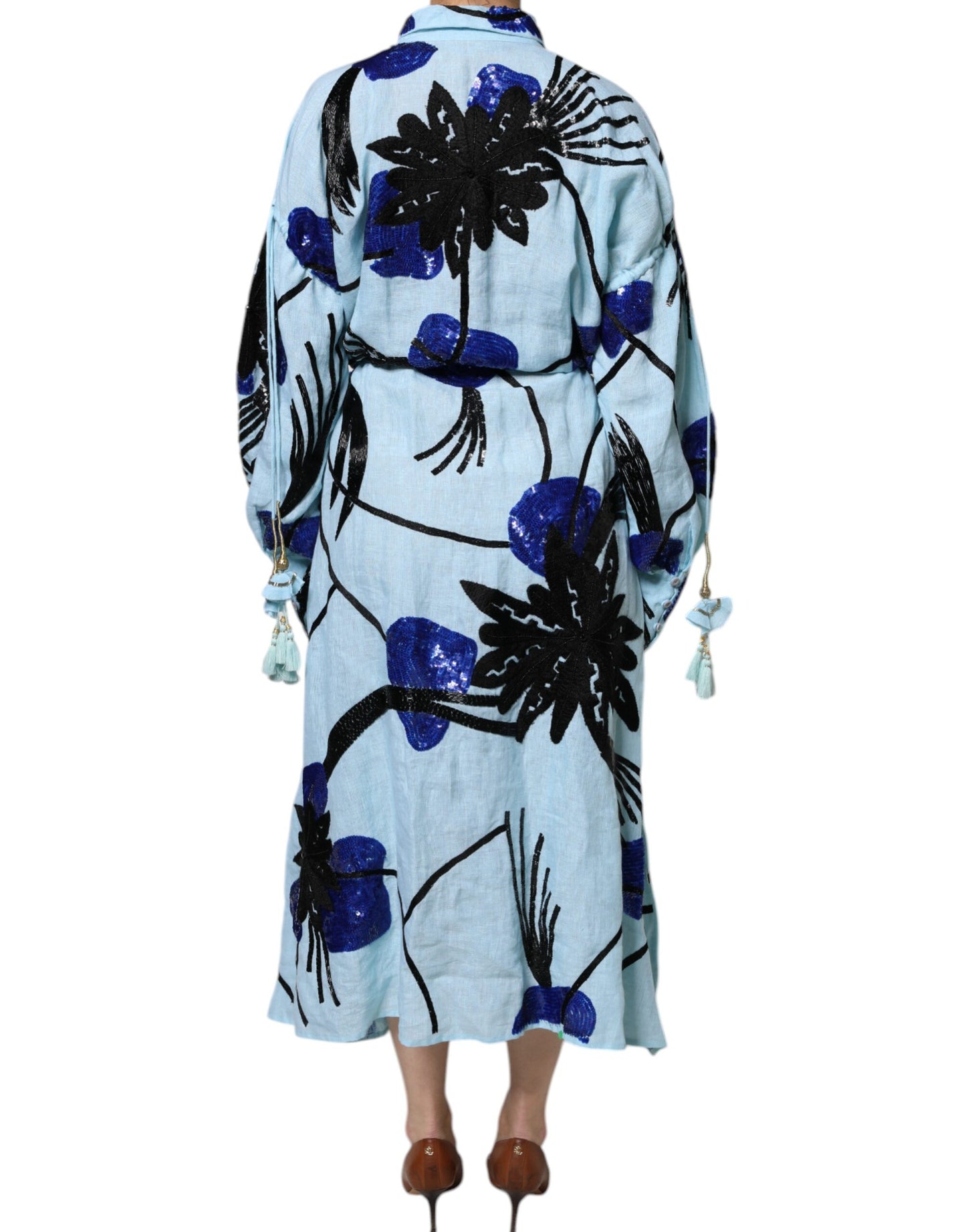 Christian Pellizzari Light Blue Floral Embellished Shirt Maxi Dress