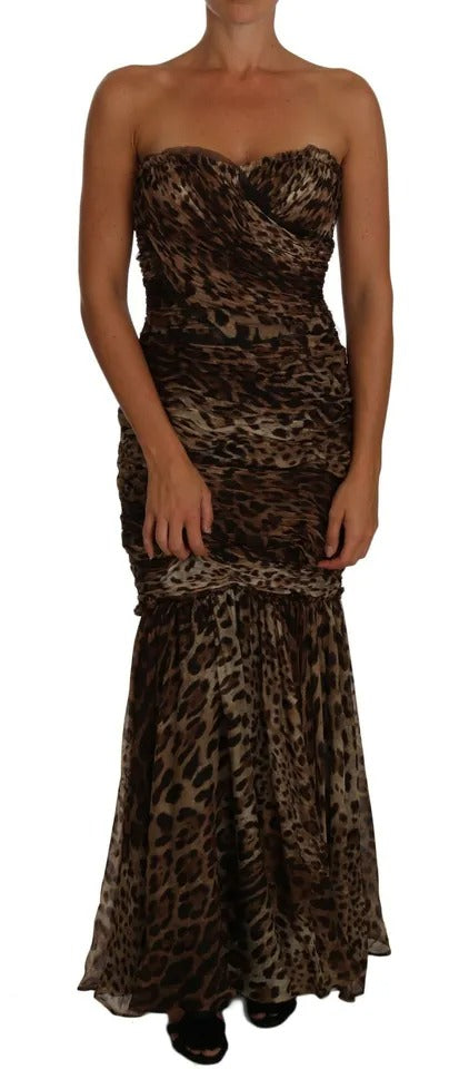 Dolce & Gabbana Brown Leopard Silk Chiffon Ruched Mermaid Maxi Dress