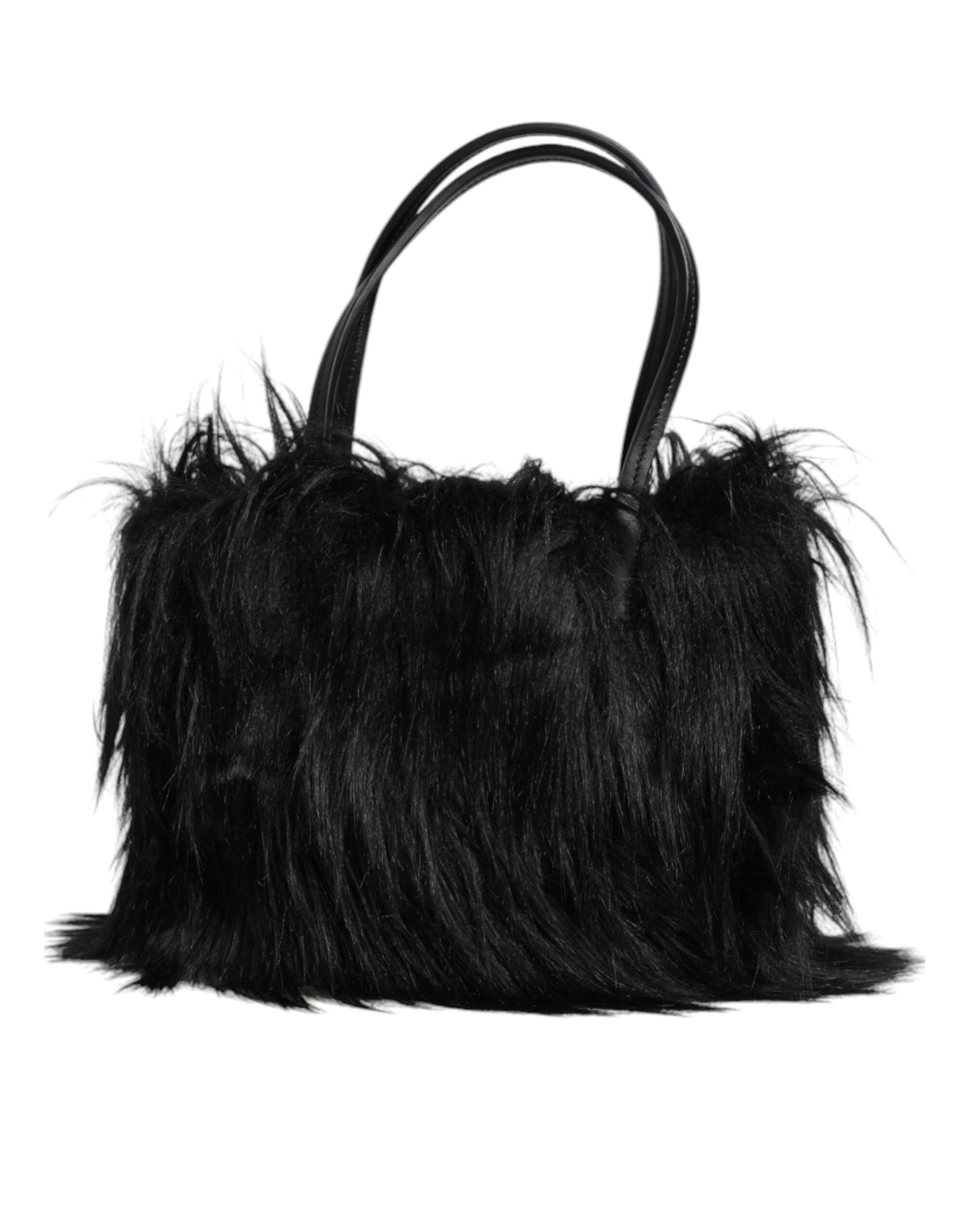 Dolce & Gabbana Black Fur Logo Plaque Double Handle Shoulder Bag