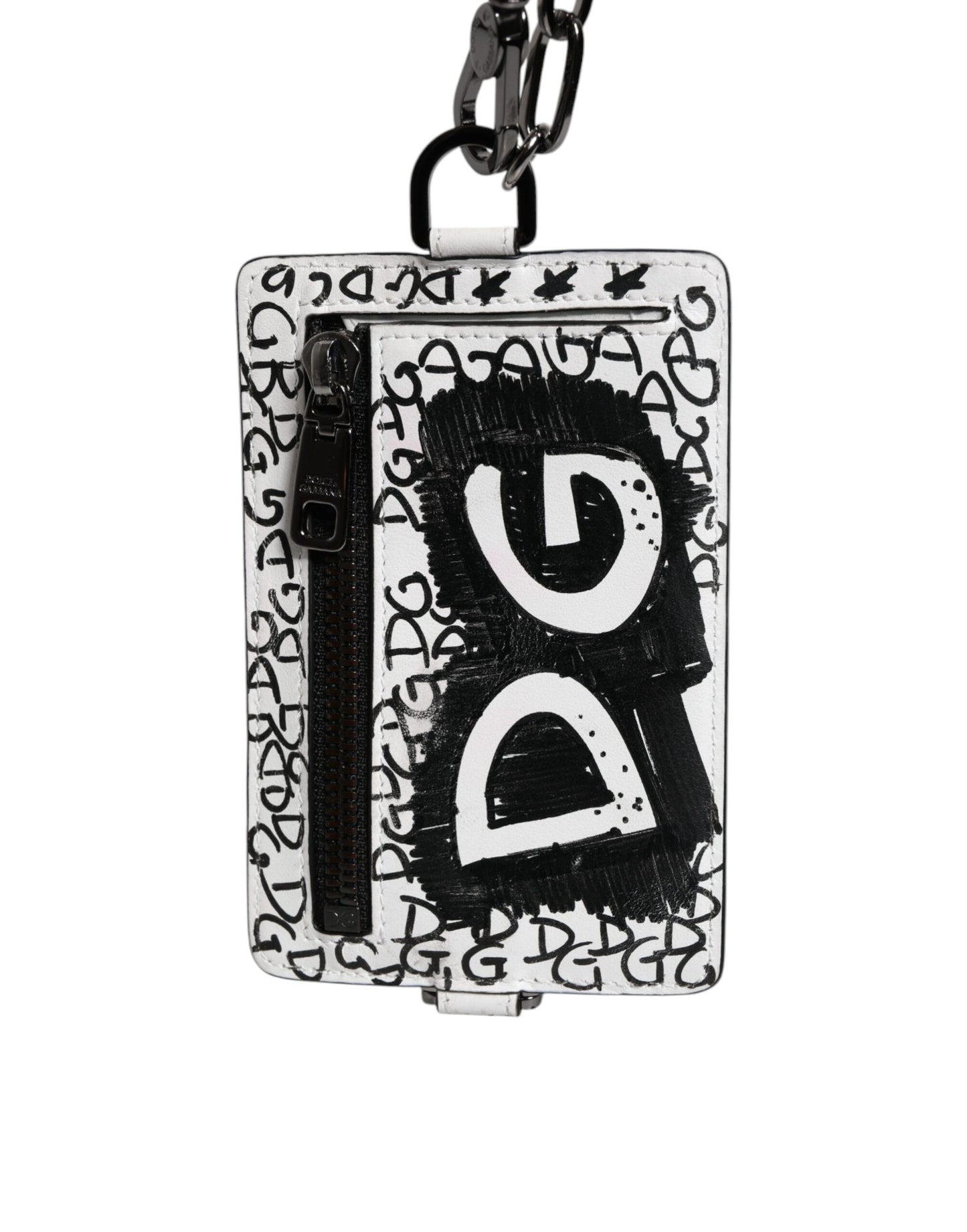 Dolce & Gabbana White Leather Lanyard Graffiti Print Card Holder Wallet