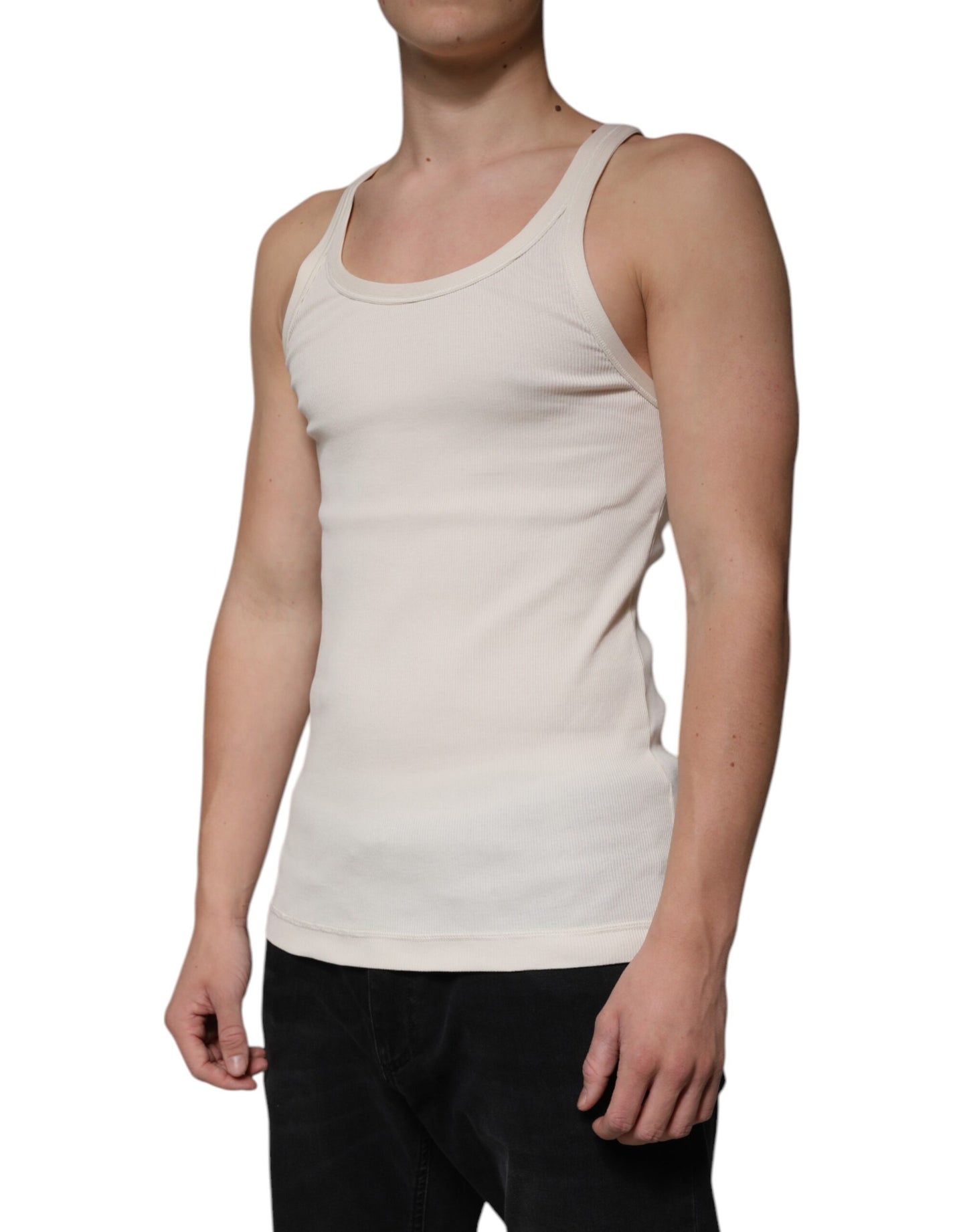 Dolce & Gabbana Off White Cotton Sleeveless Round Neck Tank T-shirt